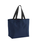 A plain navy blue Bags tote with black handles stands upright against a white background. It is empty, features no logos or decorations, and has a simple, clean design.