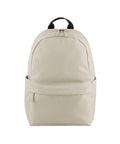 The Bags rucksack is beige with a black handle, features two side pockets, a front zipped pocket, and a main compartment, displayed against a white background.