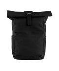 The Bags rucksack is black with a roll-top design, front buckle fastening, front pocket, and side pockets, displayed on a white background.