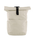 Bags: A beige roll-top rucksack featuring a front pocket, two side pockets, and a black buckle fastening, shown on a white background.
