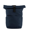 A navy blue Bags roll-top rucksack with front and side pockets plus a black buckle fastening, shown against a white background.