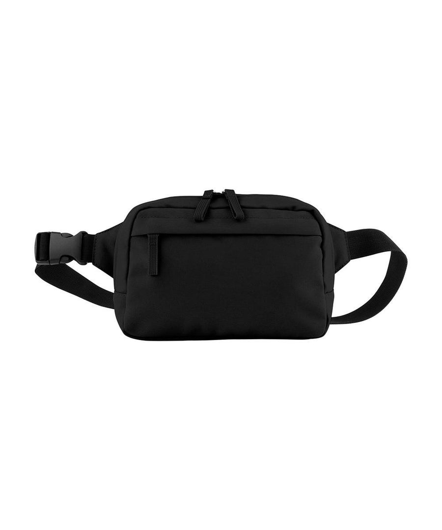 Bags: Black waist bag featuring two zippered compartments, an adjustable strap, and a plastic buckle, shown on a plain white background.