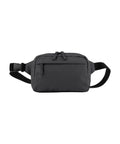 Bags: A black waist bag features a front zip pocket, dual zip pulls on the main compartment, and an adjustable buckle strap, shown on a white background.