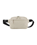 A beige Bags waist bag with a front zipped pocket, main zipped compartment, and black adjustable strap featuring a plastic buckle, shown on a white background.