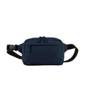 The Bags product is a navy blue waist bag featuring a front zip pocket, dual top zips, and an adjustable black strap with a plastic buckle, displayed on a white background.
