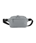 The Bags waist bag features a light grey design with a zippered main compartment, front zip pocket, and an adjustable black strap with a plastic buckle. Displayed against a white background.