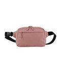 The Bags waist bag is rectangular and dusty pink, featuring a front zip pocket, dual zip main compartment, and an adjustable black strap with a plastic buckle. It is displayed against a white background.