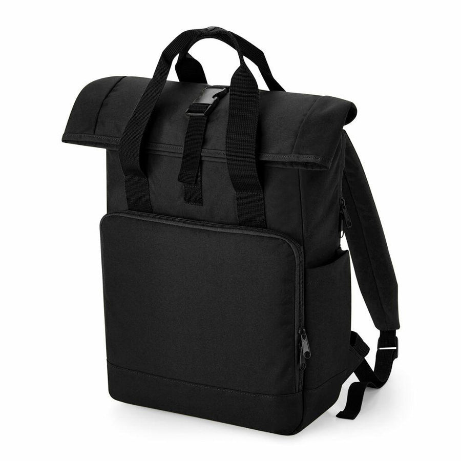 The BG18L by Bagbase is a black backpack featuring a roll-top closure, a front zipper pocket, and adjustable shoulder straps.