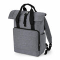 The Bagbase BG18L is a gray backpack featuring a roll-top closure, a front zippered pocket, and adjustable black straps.