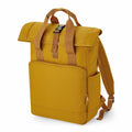 Introducing the Bagbase BG18L: a yellow backpack featuring a roll-top design, front zippered pocket, adjustable shoulder straps, and a top carrying handle.