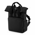 The BG18S by Bagbase is a black backpack featuring a roll-top design, a front zipper pocket, and adjustable straps.