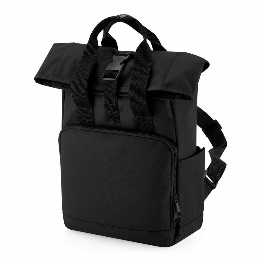 The BG18S by Bagbase is a black backpack featuring a roll-top design, a front zipper pocket, and adjustable straps.