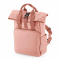 The BG18S by Bagbase features a pink color with a roll-top design, a front zipper pocket, top handles, and adjustable shoulder straps.