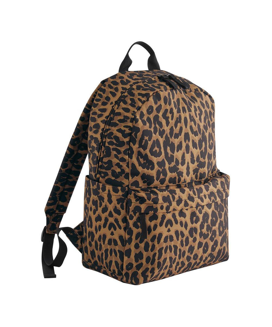 Bags: A brown rucksack with a black leopard print, front zip pocket, black zips, and adjustable black straps, displayed on a white background.