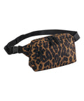 Bags: Rectangular bum bag with brown and black leopard print, black adjustable strap, black buckle, zippered main compartment, and a smaller front pocket.