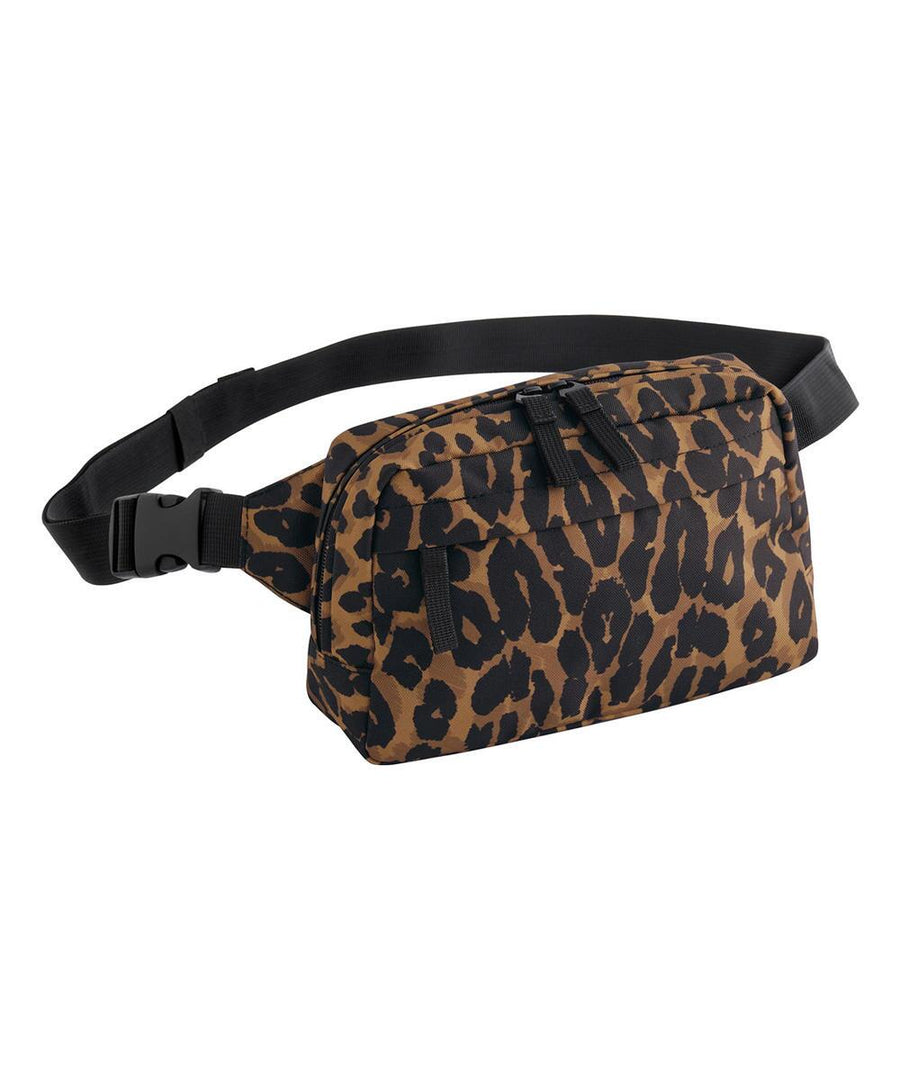Bags: Rectangular bum bag with brown and black leopard print, black adjustable strap, black buckle, zippered main compartment, and a smaller front pocket.