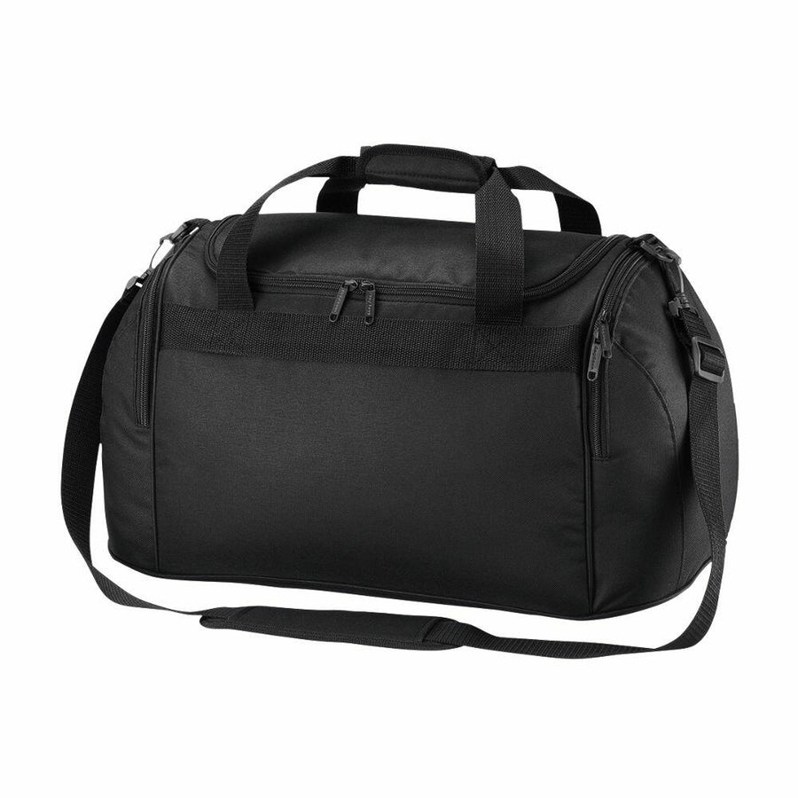 The Bagbase BG200 is a black duffel bag featuring multiple zippered compartments and a detachable shoulder strap.