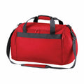 Bagbase's BG200 is a vibrant red duffel bag featuring black straps and zippers.