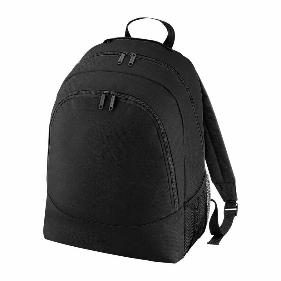 Bagbase's BG212 is a black backpack featuring multiple compartments and a side mesh pocket.