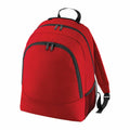 The BG212 by Bagbase features a red design with multiple zippered compartments and includes a black mesh side pocket.