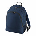 The BG212 by Bagbase is a blue backpack with multiple zippered compartments and a black handle. It includes side mesh pockets and adjustable shoulder straps, boasting a sleek and functional design that's perfect for everyday use or travel.