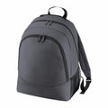 Introducing the Bagbase BG212, a dark gray backpack featuring three zippered compartments, a black carrying handle, and adjustable shoulder straps. The sides are equipped with mesh pockets for added convenience. This backpack boasts a simple yet functional design.