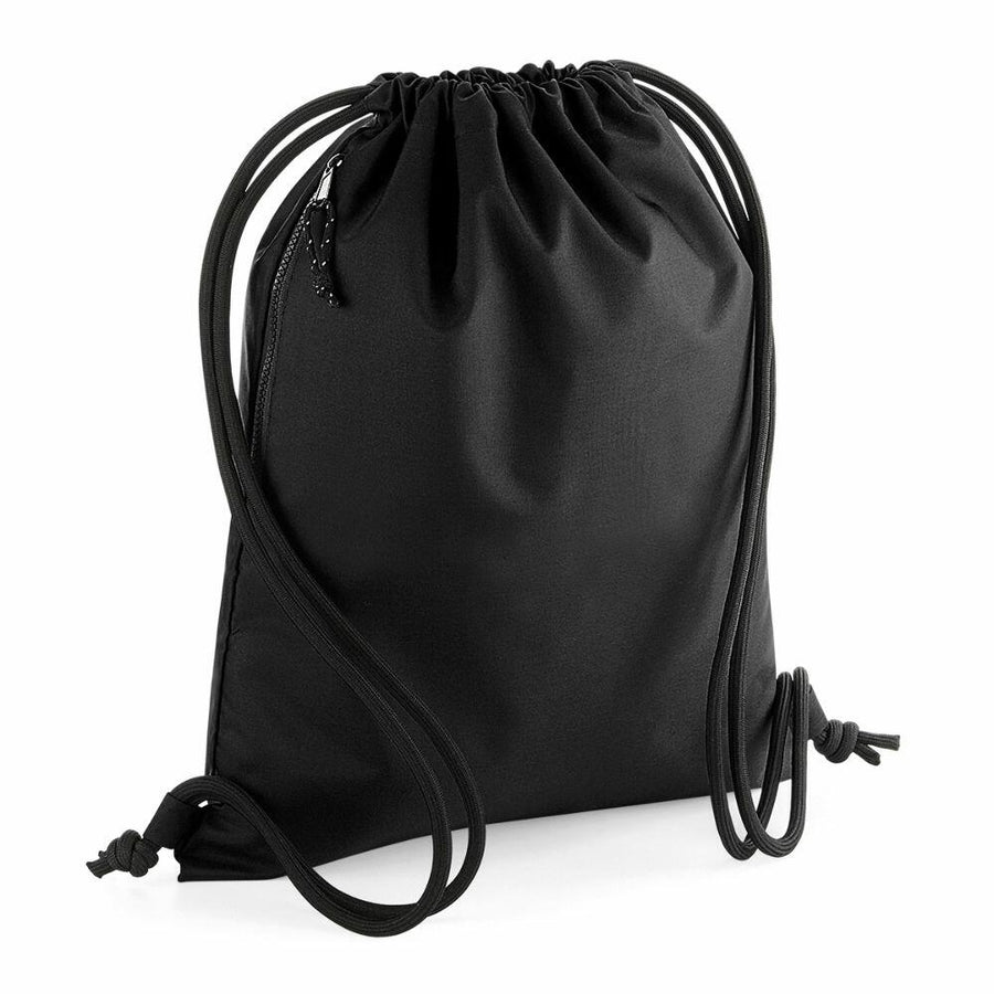 The Bagbase BG281 is a black drawstring backpack featuring a zippered pocket on one side and black straps tied at the ends.