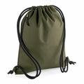 A Bagbase BG281 drawstring backpack featuring a green body, black cords, and a zippered side pocket.