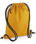 A Bagbase BG281 drawstring backpack in yellow, featuring black cords and a side zippered pocket, displayed on a white background.