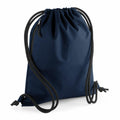 Introducing the BG281 by Bagbase: a navy blue drawstring backpack featuring black ropes, cinched at the top, with smooth fabric and displayed against a plain white background.