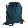 The Bagbase BG281 is a dark teal drawstring backpack featuring black cords, a zippered pocket on the front, and a cinched top.