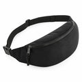 Product Description: The Bagbase BG282 is a sleek black fabric waist bag featuring an adjustable strap and a zippered main compartment, showcased here against a plain white background.