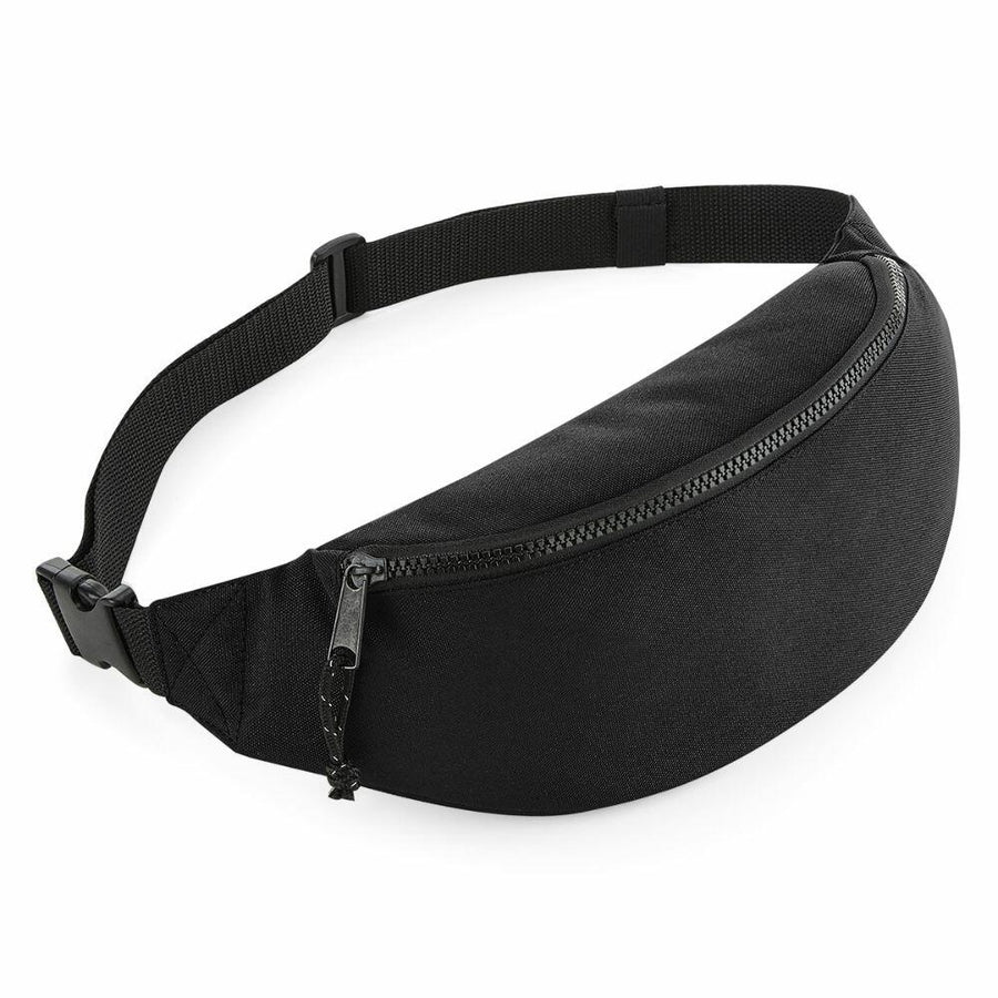 Product Description: The Bagbase BG282 is a sleek black fabric waist bag featuring an adjustable strap and a zippered main compartment, showcased here against a plain white background.