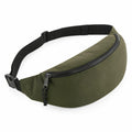Bagbase's BG282 is an olive green belt bag featuring a black adjustable strap and a front zipper pocket.