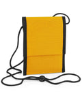 The BG283 by Bagbase is a fabric pouch in yellow and black, featuring a flap and an adjustable black neck cord with a plastic toggle.