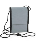 The BG283 by Bagbase is a compact, gray fabric pouch featuring a black border and an adjustable black strap, perfect for carrying items.