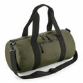 Bagbase's BG284 is a green cylindrical duffel bag featuring black straps, two zippered compartments, and an adjustable shoulder strap.