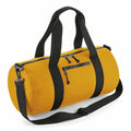Introducing the Bagbase BG284, a cylindrical yellow duffel bag featuring black straps and three zippered pockets.