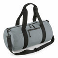 Presenting the BG284 by Bagbase: a sleek cylindrical gray duffel bag featuring durable black straps and a convenient shoulder strap. Designed for accessibility, it includes two zippers on the top and an additional zippered pocket on the front. Photographed against a clean white background, this bag seamlessly combines functionality with style.