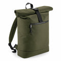 Introducing the Bagbase BG286: a stylish roll-top backpack in green, featuring a front zippered pocket and black adjustable straps.