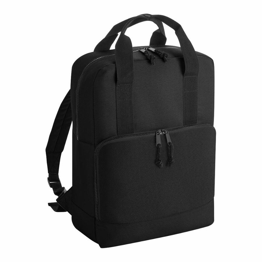 The Bagbase BG287 is a black backpack featuring dual shoulder straps, top handles, and two zippered compartments.