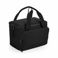 The BG288 by Bagbase is a black insulated lunch bag featuring two handles, a main zippered compartment, and a front zippered pocket.
