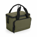 The Bagbase BG288 is a green insulated lunch bag that includes black zippers and handles and features a front pocket.
