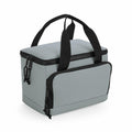Introducing the Bagbase BG288: a stylish insulated lunch bag in gray, complete with black handles and zippers. It features a spacious main compartment and a convenient front zippered pocket.