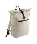 A beige Bags roll-top rucksack with a black buckle fastening, front zipped pocket, and adjustable shoulder straps, shown on a white background.