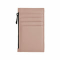 The BG326 by Bagbase, a pink leather cardholder featuring a zipper and multiple card slots, is displayed against a white background.