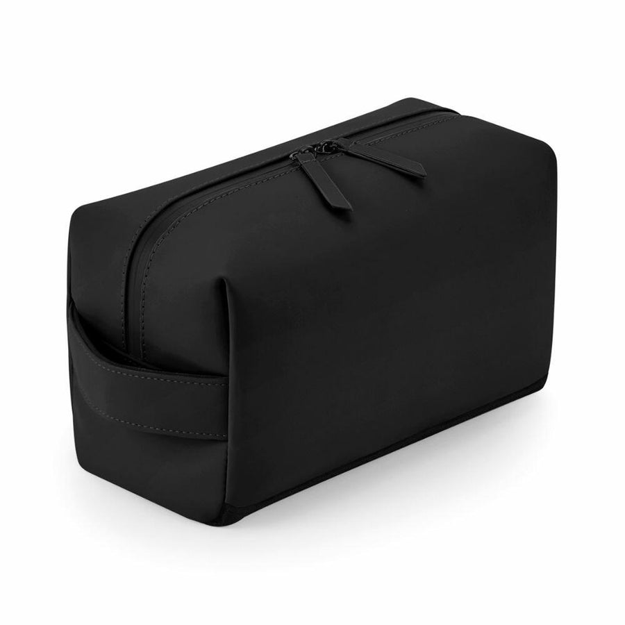 The Bagbase BG332 toiletry bag features a zipper closure and a side handle in black.