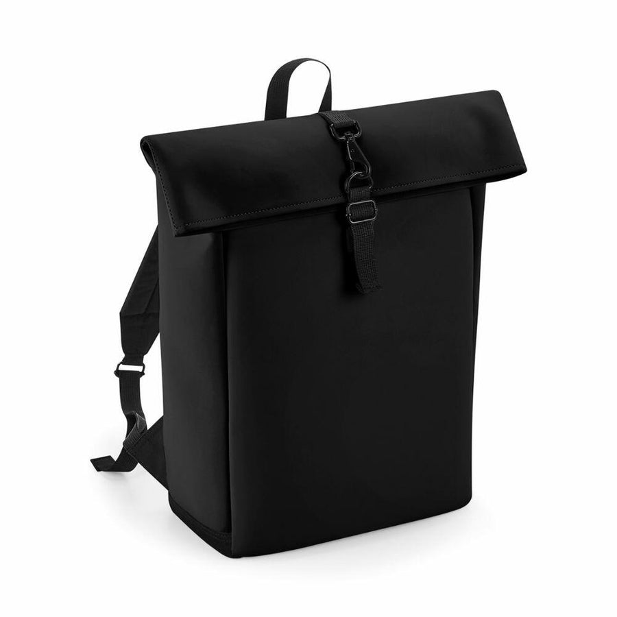 The Bagbase BG335 is a stylish black backpack featuring a roll-top design and front buckle closure. It boasts adjustable shoulder straps and a minimalist look.