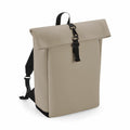 The Bagbase BG335 is a roll-top backpack in beige, featuring adjustable shoulder straps and a front buckle closure.