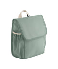 A light green, square-shaped fabric lunch bag from Bags features a beige handle, front pocket, and elasticated side pocket, shown on a white background.